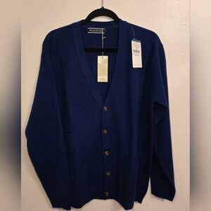 WoolOvers Mens Blue Lambswool Cardigan Sweater Sz Med NWT